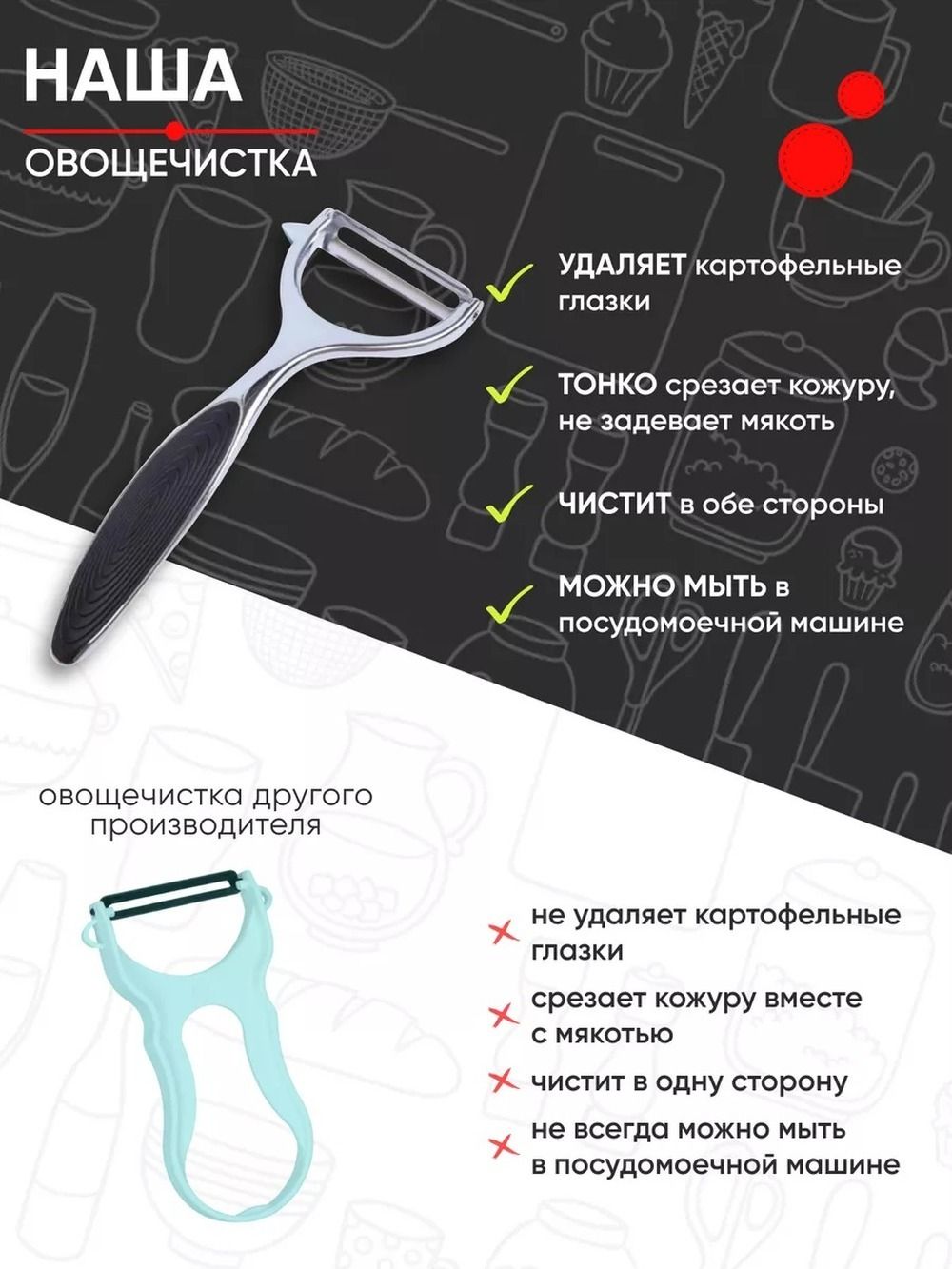 Овощечистка ручная горизонтальная, нержавеющая сталь, металлик, 1 шт — фото 6